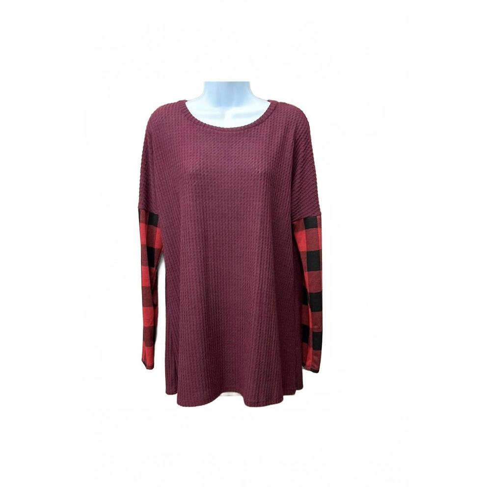 NEW MISS 2 DAY women's plaid long sleeve sweater in burgundy